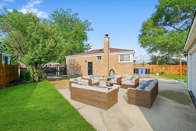 4014 W 77th Pl, Chicago, IL 60652 - back of property with a patio, outdoor lounge area, a chimney, and brick siding