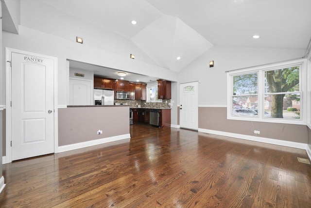 4014 W 77th Pl, Chicago, IL 60652 - unfurnished living room featuring lofted ceiling, dark wood finished floors, baseboards, and recessed lighting