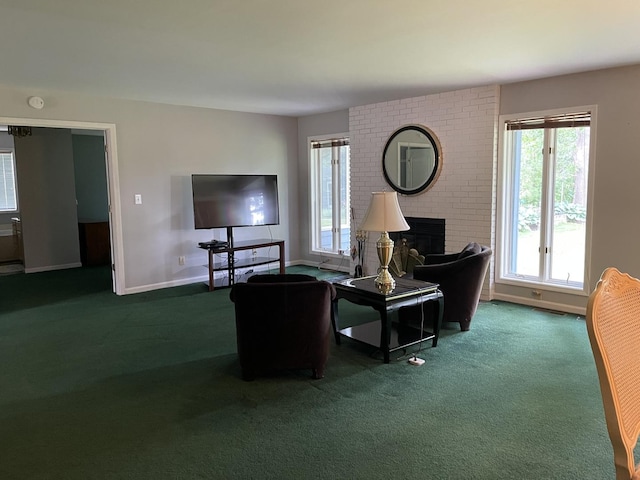 2500 Cherie Ln, Ottawa, IL 61350 - carpeted living area featuring baseboards and a brick fireplace