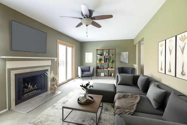 736 73rd St Unit 0, Downers Grove, IL 60516 - living room featuring ceiling fan and a fireplace with raised hearth