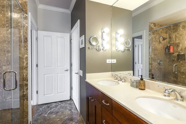 1355 W Washington Blvd Unit 4A, Chicago, IL 60607 - full bathroom featuring crown molding, a stall shower, marble finish flooring, and double vanity