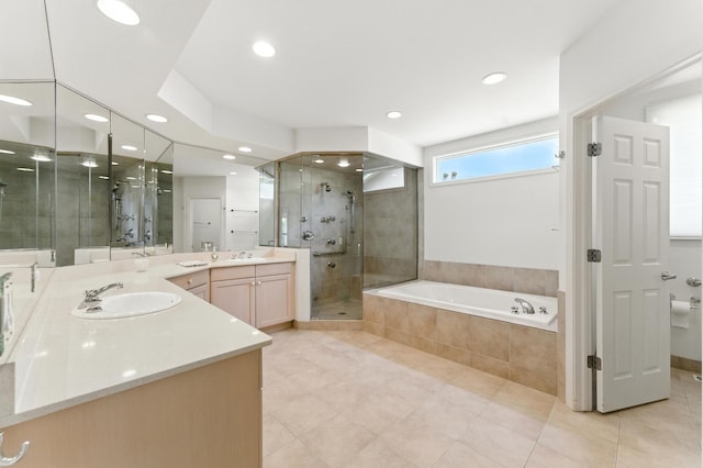 2471 Augusta Way, Highland Park, IL 60035 - bathroom featuring a stall shower, vanity, a garden tub, tile patterned flooring, and recessed lighting
