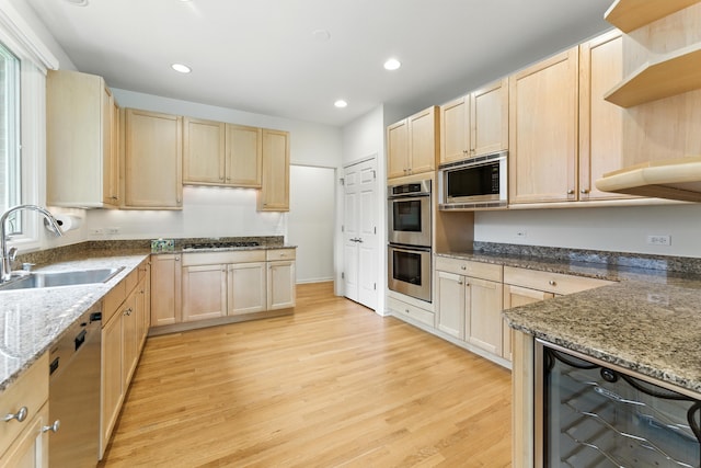 2471 Augusta Way, Highland Park, IL 60035 - kitchen with light brown cabinets, stainless steel appliances, wine cooler, and recessed lighting