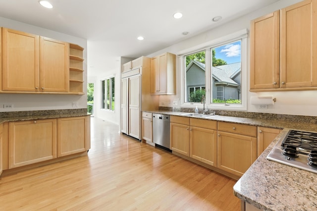 2471 Augusta Way, Highland Park, IL 60035 - kitchen with appliances with stainless steel finishes, light brown cabinetry, light wood-style flooring, open shelves, and recessed lighting