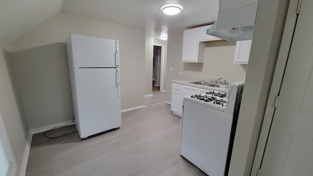 920 S Mcalister Ave, Waukegan, IL 60085 - kitchen with white appliances, custom exhaust hood, white cabinets, light wood-type flooring, and light countertops