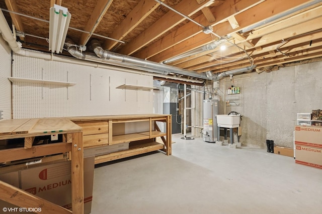 261 E Camden Ln, Round Lake Beach, IL 60073 - unfinished basement featuring a workshop area, water heater, a sink, and heating unit