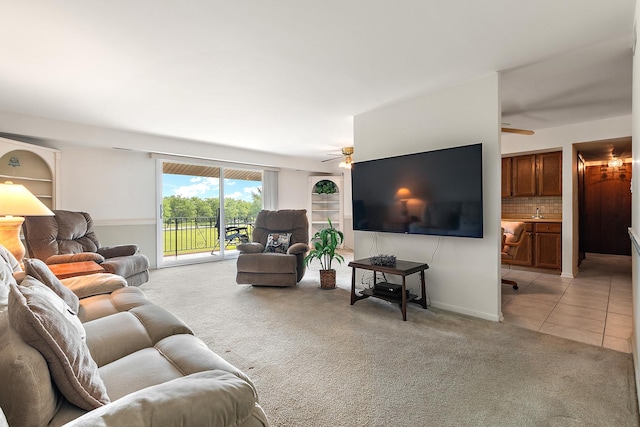 9900 Shady Ln Unit 3Ne, Orland Park, IL 60462 - living area featuring a ceiling fan, light carpet, and light tile patterned flooring