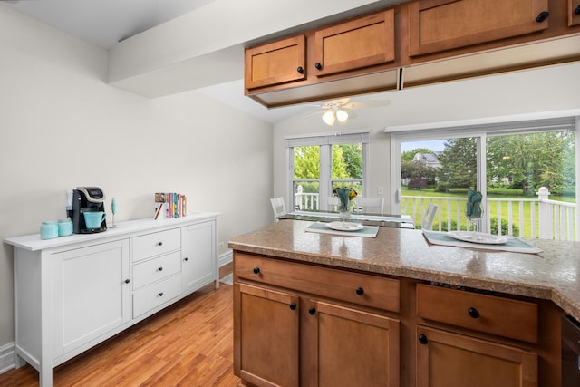1795 Vermont Dr Unit A, Elk Grove Village, IL 60007 - kitchen featuring ceiling fan, brown cabinets, light wood-type flooring, and light stone countertops