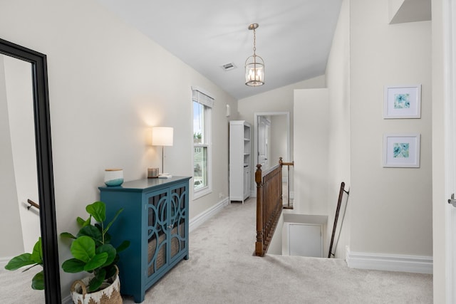 1795 Vermont Dr Unit A, Elk Grove Village, IL 60007 - hallway featuring an upstairs landing, carpet, and vaulted ceiling