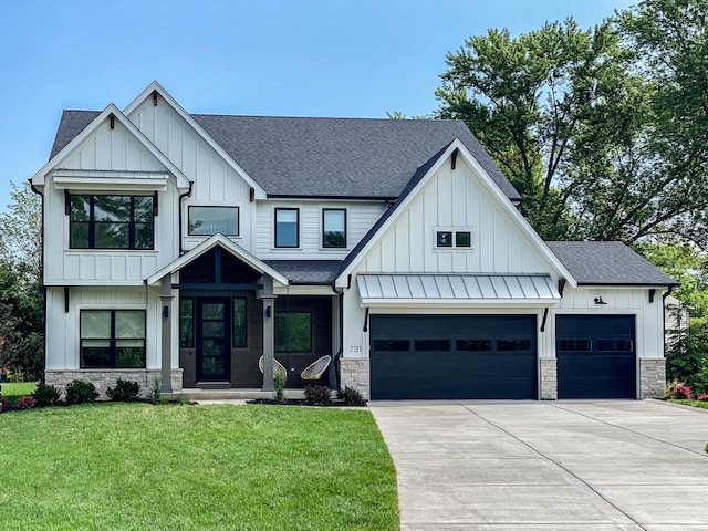 26101 W Forrester Dr, Plainfield, IL 60585 - modern inspired farmhouse featuring roof with shingles, board and batten siding, stone siding, and driveway