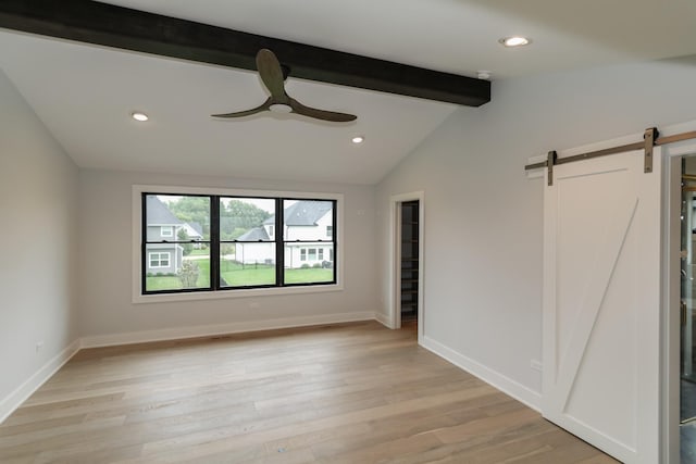 26101 W Forrester Dr, Plainfield, IL 60585 - spare room featuring a barn door, light wood-style flooring, a ceiling fan, recessed lighting, and baseboards