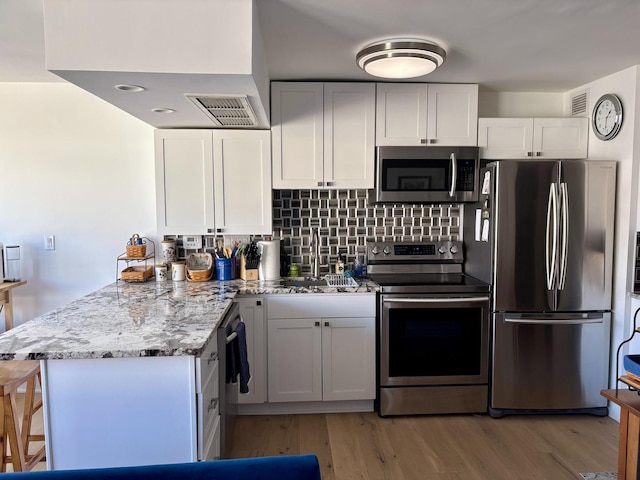 21 W Goethe St Unit 18D, Chicago, IL 60610 - kitchen with appliances with stainless steel finishes, a peninsula, light wood-type flooring, light stone counters, and decorative backsplash