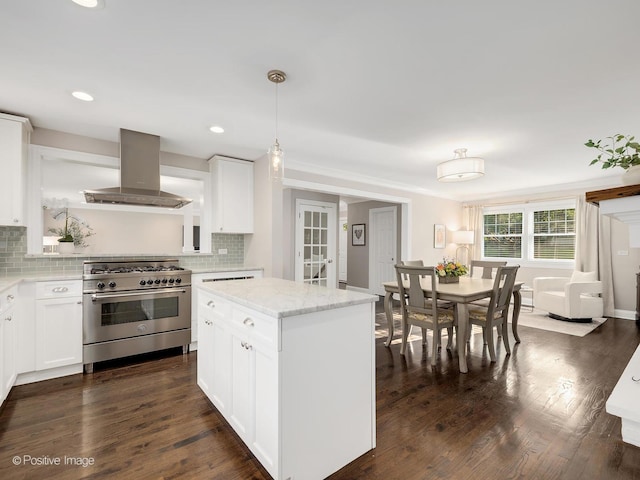 195 N Park Blvd, Glen Ellyn, IL 60137 - kitchen featuring high end stainless steel range, island range hood, tasteful backsplash, white cabinetry, and recessed lighting