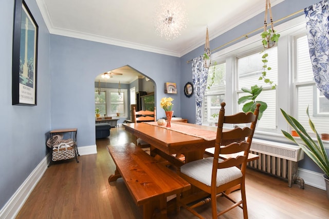 dining space with radiator, arched walkways, crown molding, and wood finished floors