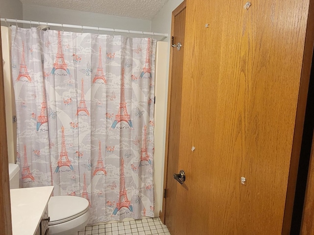 1503 Woodbridge Rd Unit 1F, Joliet, IL 60436 - bathroom featuring toilet, a textured ceiling, vanity, and a shower with shower curtain