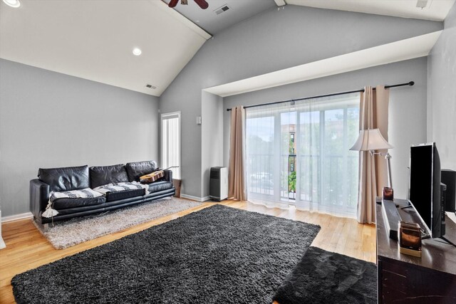 5905 S Indiana Ave, Chicago, IL 60637 - living area with wood finished floors, ceiling fan, high vaulted ceiling, recessed lighting, and baseboards