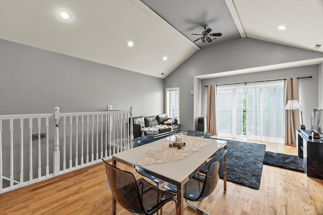 5905 S Indiana Ave, Chicago, IL 60637 - dining area featuring ceiling fan, light wood finished floors, lofted ceiling, and recessed lighting