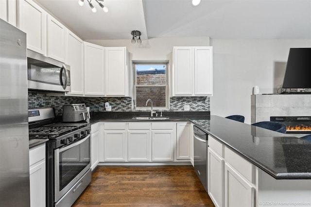 1457 E 71st Pl Unit 3, Chicago, IL 60619 - kitchen featuring stainless steel appliances, a sink, a peninsula, dark wood-style flooring, and backsplash