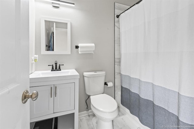 1457 E 71st Pl Unit 3, Chicago, IL 60619 - full bath featuring marble finish floors, vanity, toilet, and curtained shower