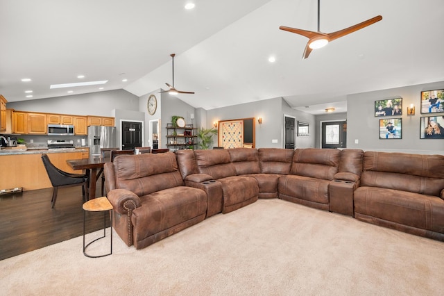 1125 Oxford Cir, Sycamore, IL 60178 - carpeted living room with a ceiling fan, lofted ceiling, and recessed lighting