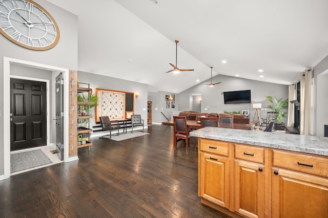 1125 Oxford Cir, Sycamore, IL 60178 - kitchen with vaulted ceiling, dark wood finished floors, light countertops, open floor plan, and recessed lighting