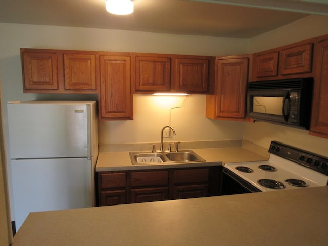 13 Saint Thomas Colony Unit 2, Fox Lake, IL 60020 - kitchen featuring black microwave, a sink, white electric range, freestanding refrigerator, and light countertops