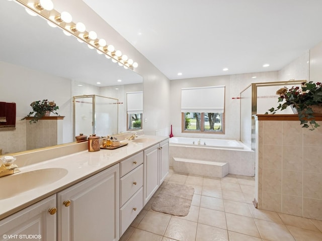 1520 Grant St, Schaumburg, IL 60193 - full bath featuring a shower stall, a bath, double vanity, and tile patterned flooring