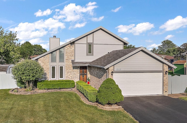 17007 Westwood Ct, Orland Hills, IL 60487 - mid-century inspired home with asphalt driveway, an attached garage, a chimney, and brick siding