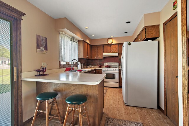 17007 Westwood Ct, Orland Hills, IL 60487 - kitchen with white appliances, under cabinet range hood, a sink, a peninsula, and light wood finished floors