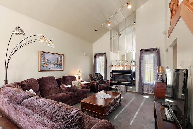 17007 Westwood Ct, Orland Hills, IL 60487 - living area featuring high vaulted ceiling, track lighting, carpet floors, and a tile fireplace