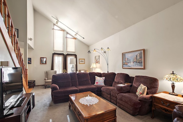 17007 Westwood Ct, Orland Hills, IL 60487 - carpeted living area with high vaulted ceiling and stairs