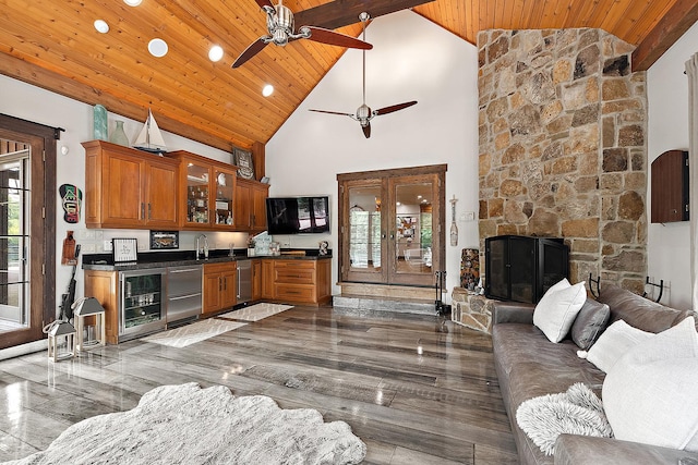 2500 Wahoo Ct, Morris, IL 60450 - kitchen featuring wooden ceiling, wine cooler, ceiling fan, open floor plan, and brown cabinets