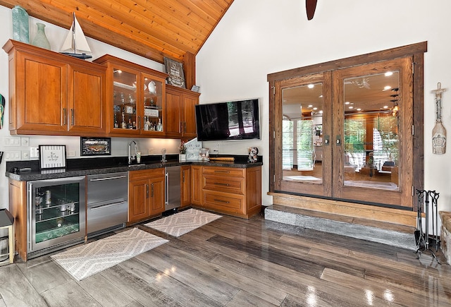 2500 Wahoo Ct, Morris, IL 60450 - kitchen featuring wine cooler, dark wood-style flooring, brown cabinets, french doors, and wood ceiling