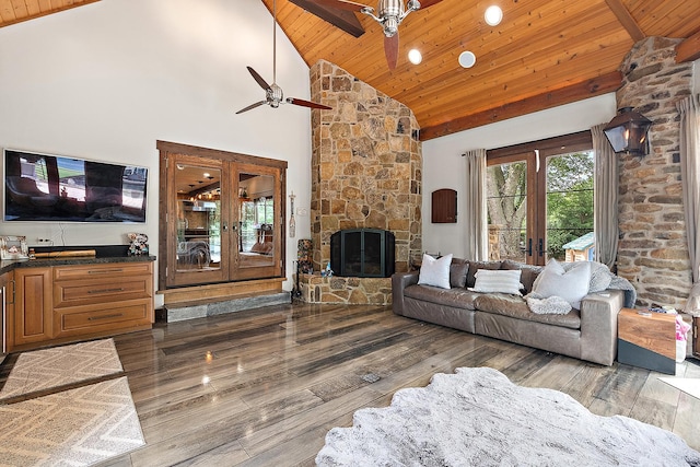 2500 Wahoo Ct, Morris, IL 60450 - living area with wood ceiling, high vaulted ceiling, french doors, a fireplace, and ceiling fan