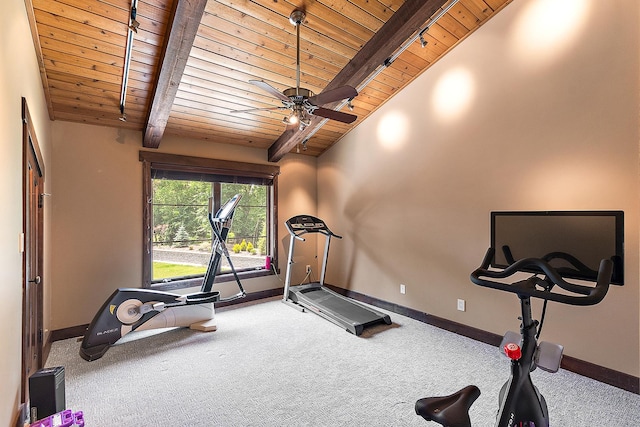 2500 Wahoo Ct, Morris, IL 60450 - workout room featuring wooden ceiling, carpet, ceiling fan, and vaulted ceiling