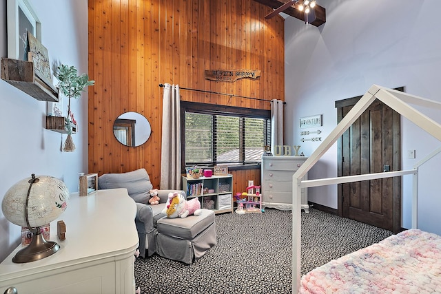 2500 Wahoo Ct, Morris, IL 60450 - carpeted bedroom with a towering ceiling and wooden walls