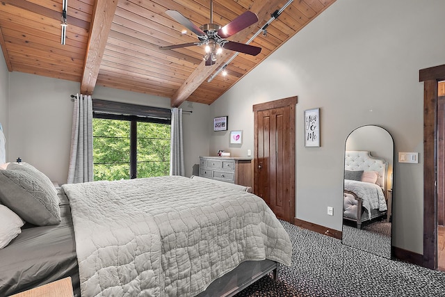 2500 Wahoo Ct, Morris, IL 60450 - bedroom featuring a wood ceiling with exposed beams, carpet floors, a ceiling fan, and high vaulted ceiling