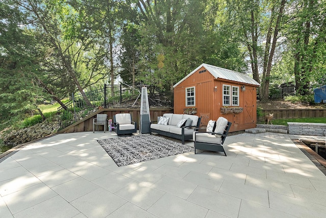 2500 Wahoo Ct, Morris, IL 60450 - view of patio / terrace featuring an outdoor hangout area, an outdoor structure, and view of scattered trees