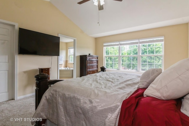 2210 Surrey St, Sycamore, IL 60178 - bedroom featuring carpet floors, vaulted ceiling, ensuite bathroom, and a ceiling fan