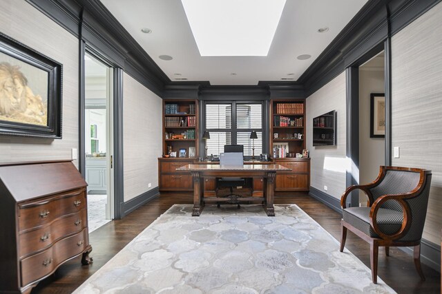 2123 N Bissell St, Chicago, IL 60614 - office featuring dark wood-style floors, crown molding, and baseboards