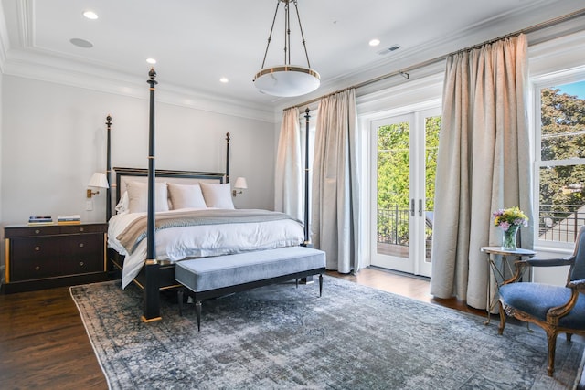 2123 N Bissell St, Chicago, IL 60614 - bedroom featuring multiple windows, access to exterior, dark wood-type flooring, ornamental molding, and french doors