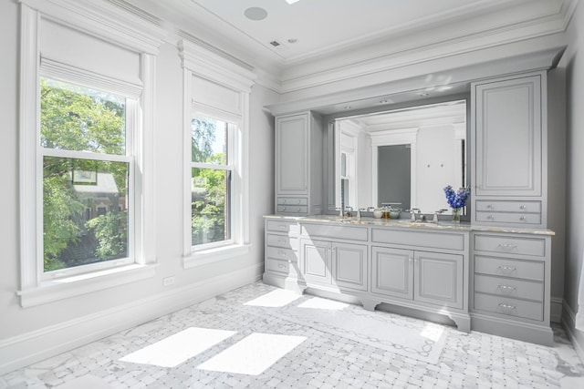 2123 N Bissell St, Chicago, IL 60614 - full bath with double vanity, baseboards, and crown molding
