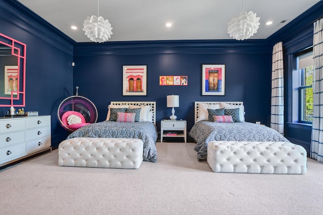 2123 N Bissell St, Chicago, IL 60614 - bedroom featuring carpet floors, ornamental molding, a chandelier, and recessed lighting