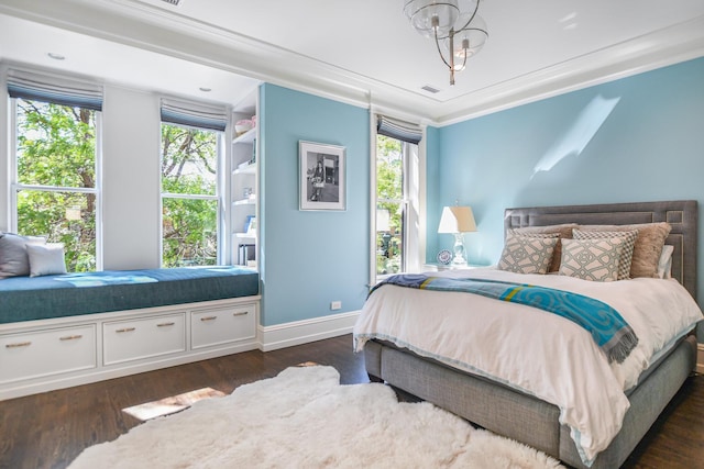 2123 N Bissell St, Chicago, IL 60614 - bedroom featuring dark wood-style floors, baseboards, and ornamental molding