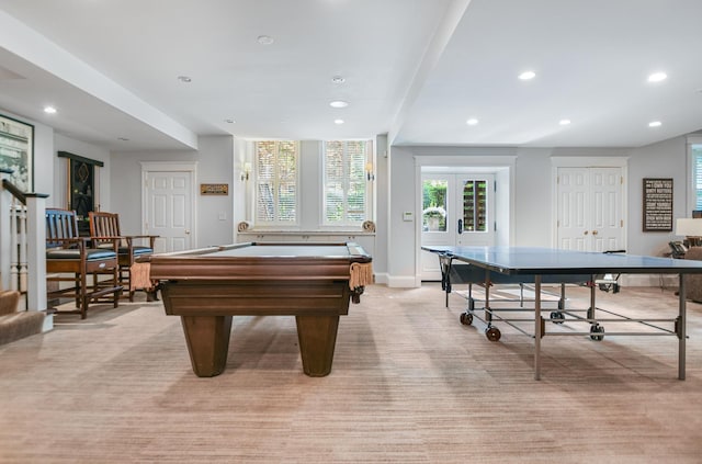 2123 N Bissell St, Chicago, IL 60614 - recreation room with recessed lighting, billiards table, baseboards, light colored carpet, and french doors