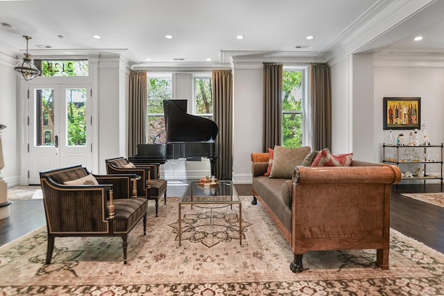2123 N Bissell St, Chicago, IL 60614 - living room with crown molding, wood finished floors, recessed lighting, and baseboards