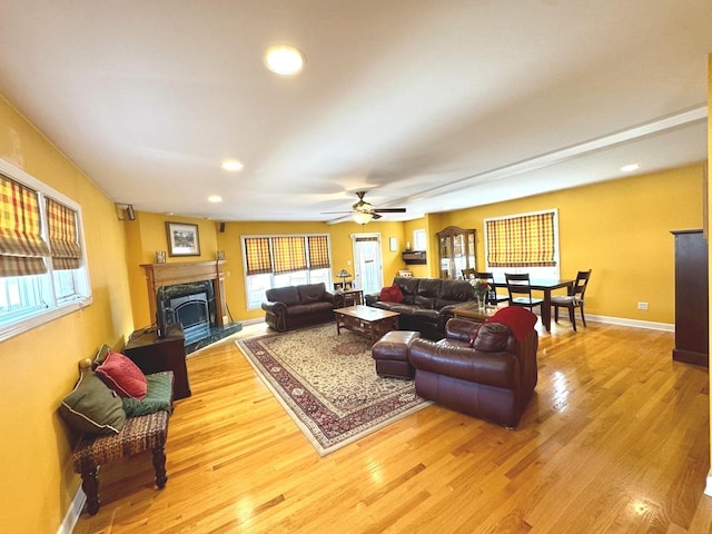 10043 S Artesian Ave, Chicago, IL 60655 - living room with light wood-style floors, a premium fireplace, ceiling fan, and recessed lighting