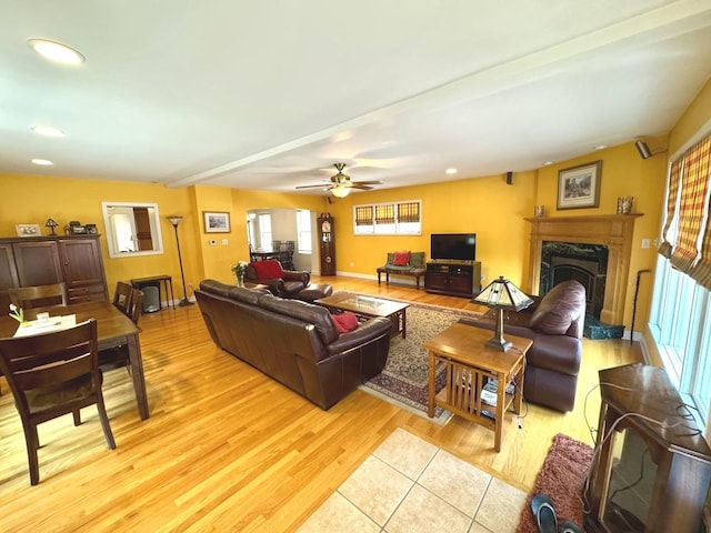 10043 S Artesian Ave, Chicago, IL 60655 - living area with light wood finished floors, a fireplace, recessed lighting, and ceiling fan