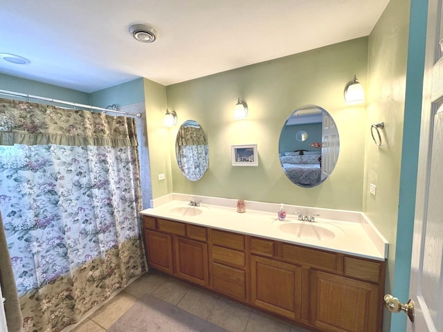 10043 S Artesian Ave, Chicago, IL 60655 - full bathroom with tile patterned floors, double vanity, and a shower with shower curtain