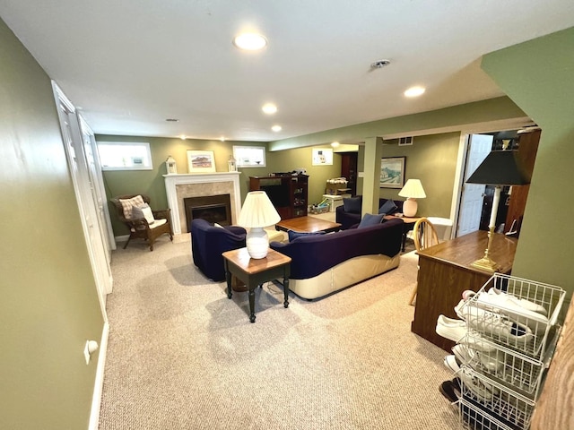 10043 S Artesian Ave, Chicago, IL 60655 - living room featuring a tiled fireplace, carpet flooring, and recessed lighting
